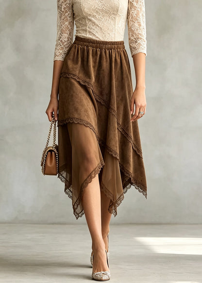 Chic Coffee Asymmetrical Tulle Patchwork Faux Suede Skirts Fall