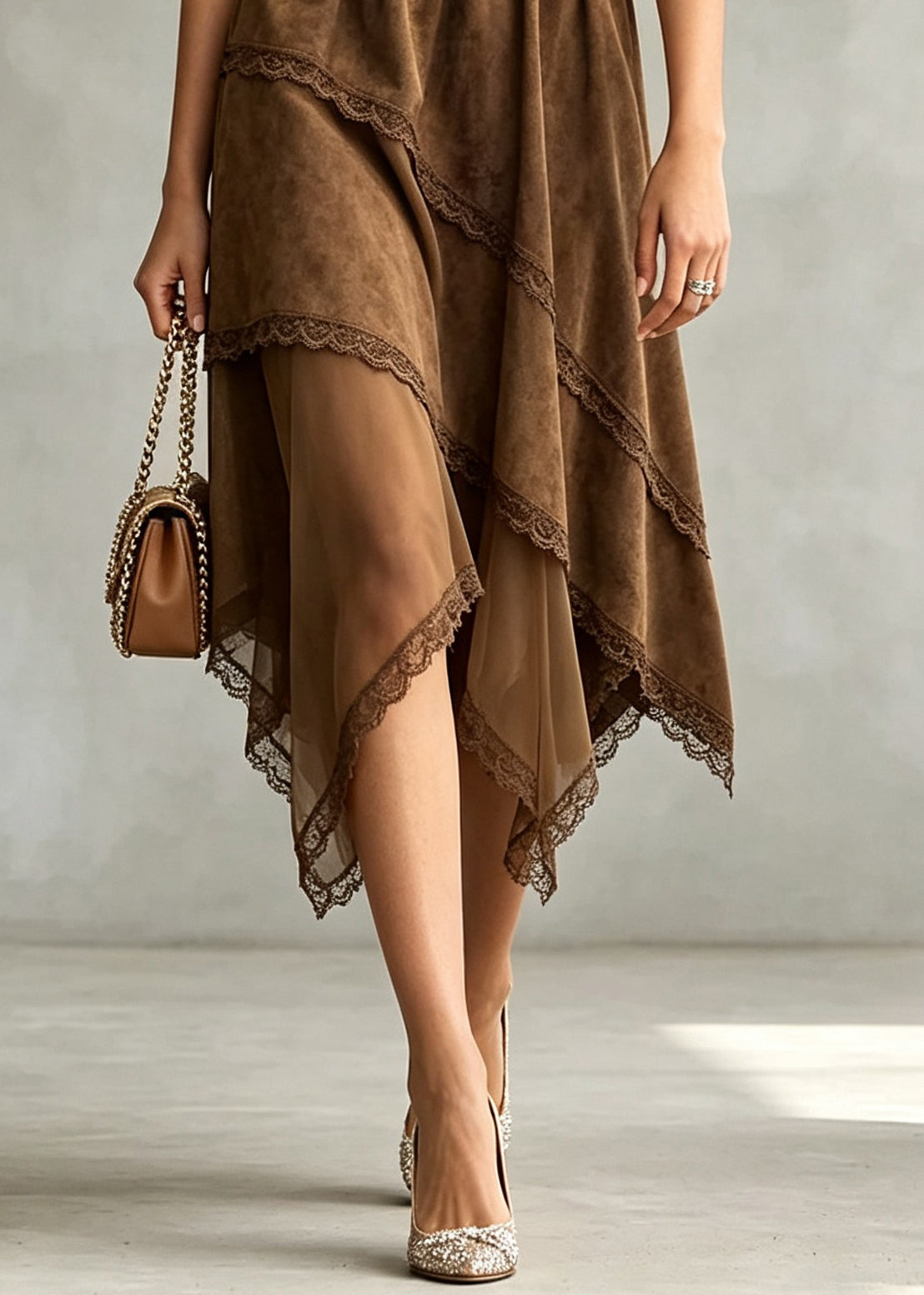 Chic Coffee Asymmetrical Tulle Patchwork Faux Suede Skirts Fall