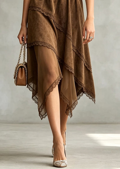 Chic Coffee Asymmetrical Tulle Patchwork Faux Suede Skirts Fall