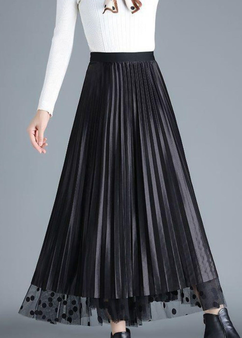 Chic Coffee Dot High Waist Tulle Pleated Skirt Spring