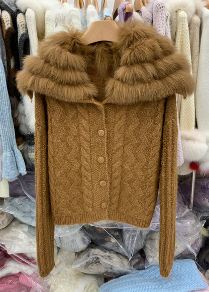 Chic Coffee Fox Collar Zippered Patchwork Cotton Knit Cardigans Winter