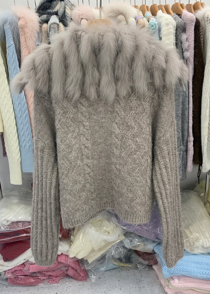 Chic Coffee Fox Collar Zippered Patchwork Cotton Knit Cardigans Winter