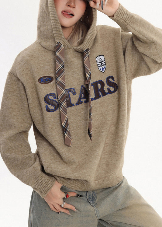 Chic Coffee Hooded Embroidered Knit Sweatshirt Winter