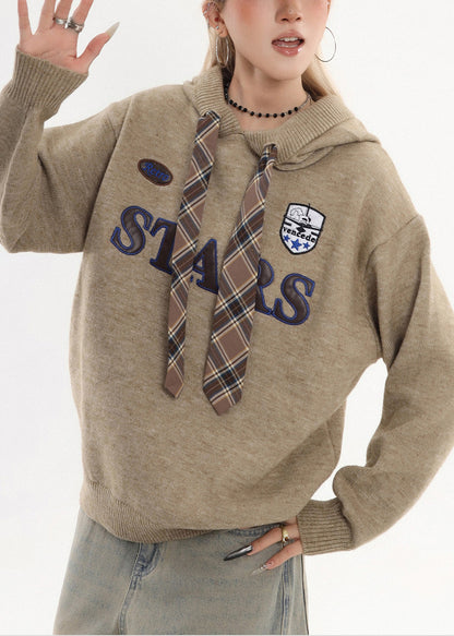 Chic Coffee Hooded Embroidered Knit Sweatshirt Winter