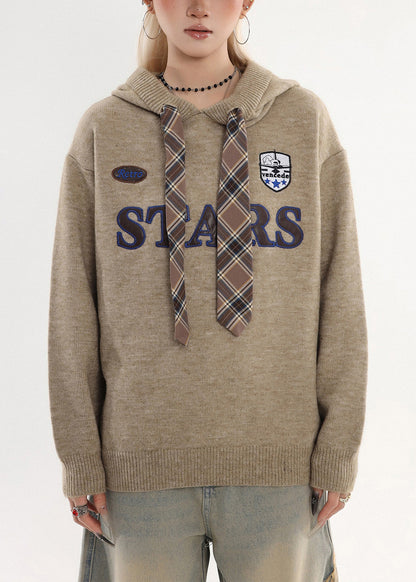 Chic Coffee Hooded Embroidered Knit Sweatshirt Winter