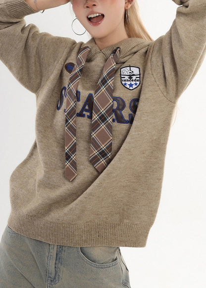 Chic Coffee Hooded Embroidered Knit Sweatshirt Winter