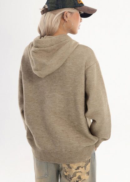 Chic Coffee Hooded Embroidered Knit Sweatshirt Winter