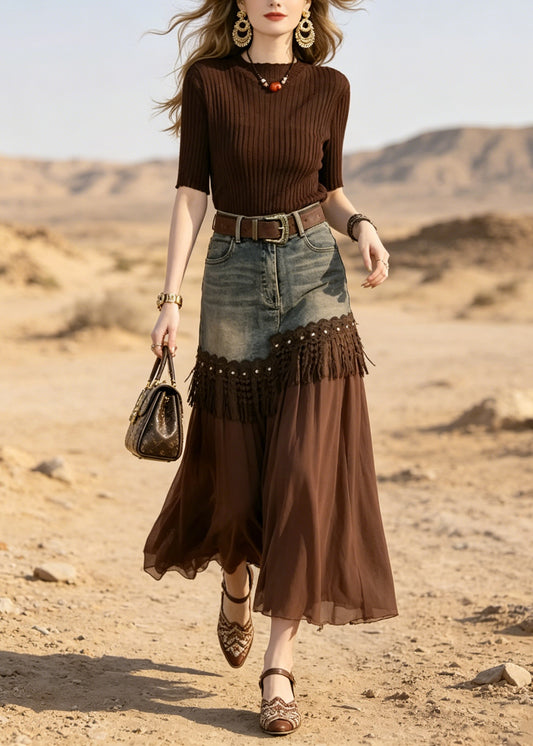 Chic Coffee Ice Silk Knit Top And Lace Tassel Skirts Two Pieces Set Summer
