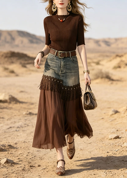Chic Coffee Ice Silk Knit Top And Lace Tassel Skirts Two Pieces Set Summer
