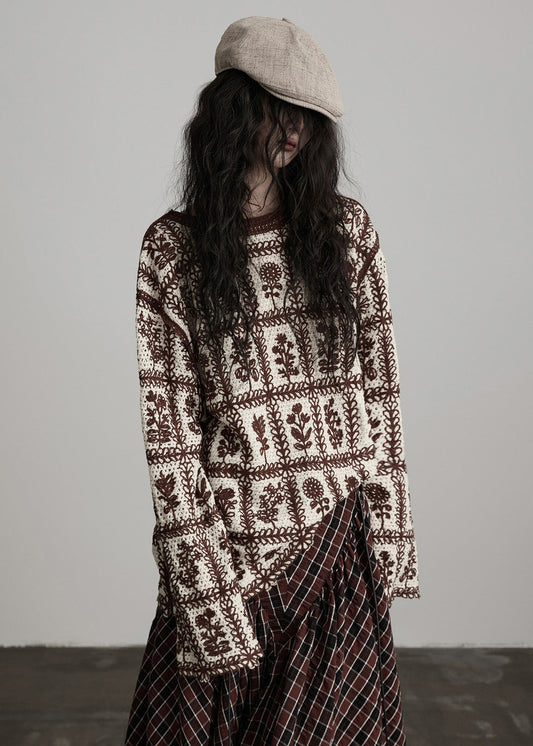 Chic Coffee O Neck Jacquard Knit Sweater Winter