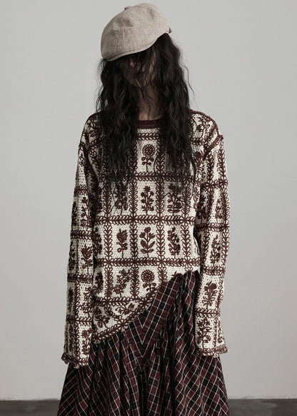 Chic Coffee O Neck Jacquard Knit Sweater Winter