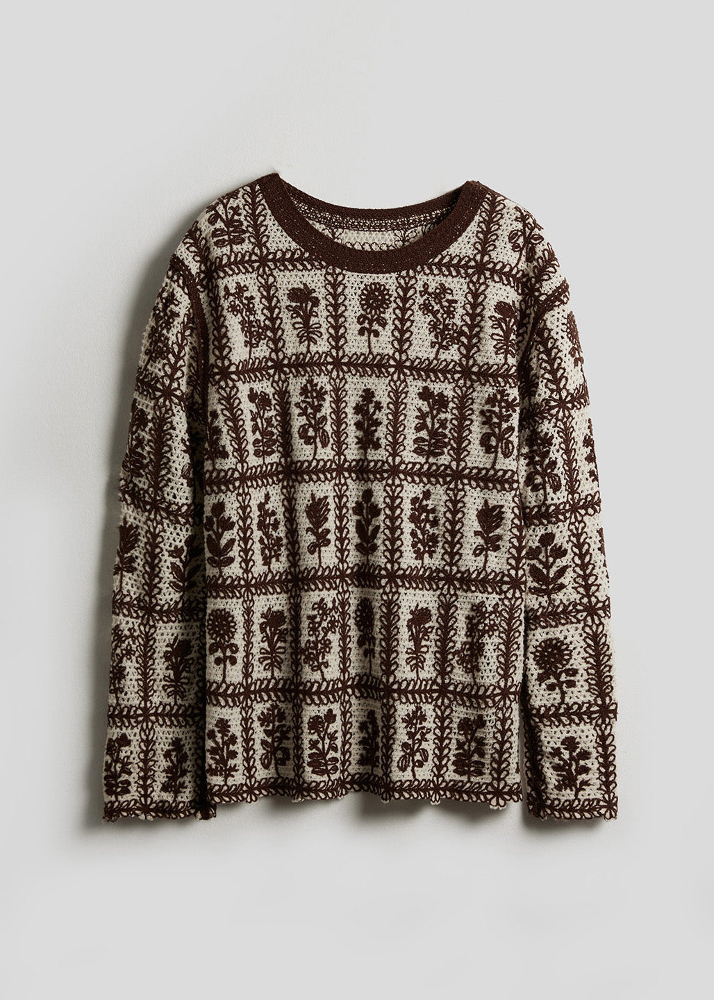 Chic Coffee O Neck Jacquard Knit Sweater Winter