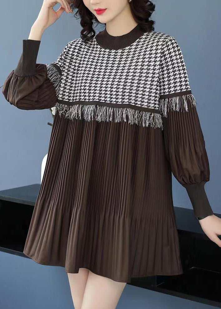 Chic Coffee O-Neck Tasseled Wrinkled Patchwork Cotton Mid Dress Lantern Sleeve