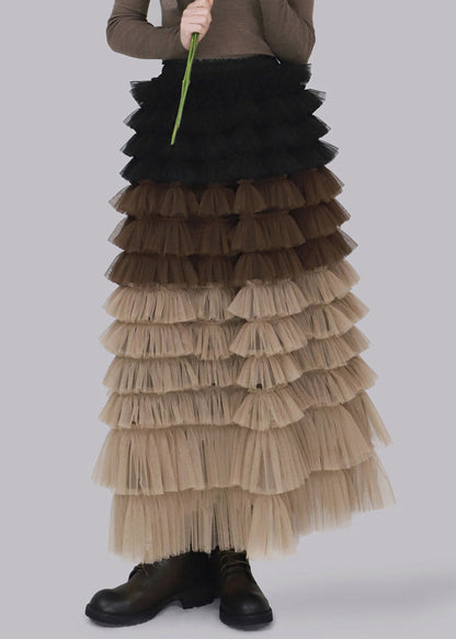 Chic Coffee Patchwork Tulle Maxi Skirt Fall