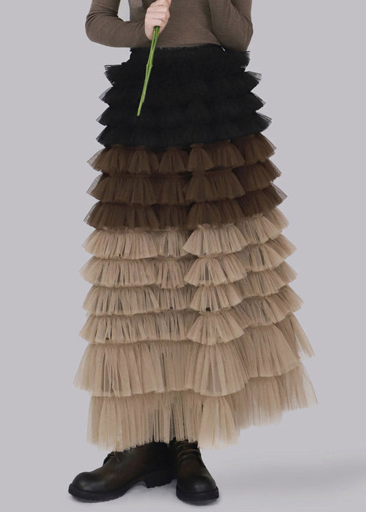 Chic Coffee Patchwork Tulle Maxi Skirt Fall