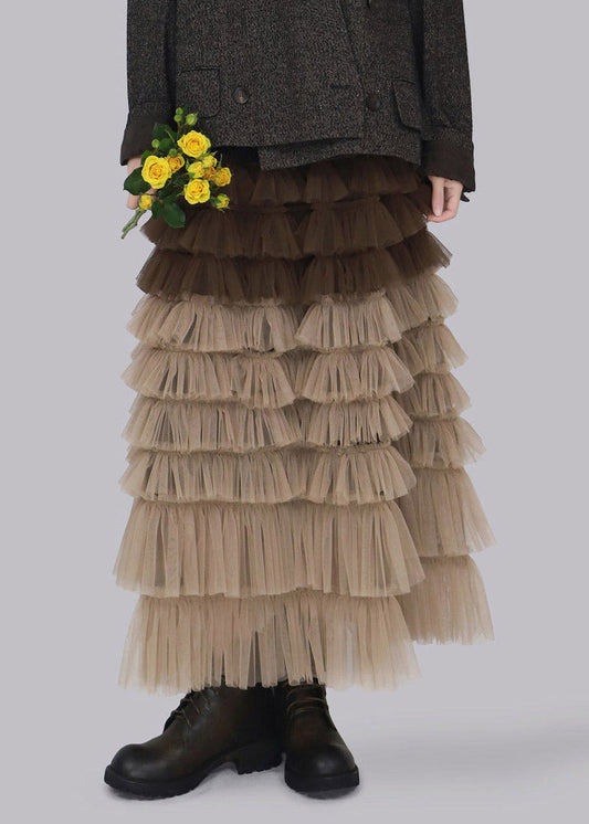 Chic Coffee Patchwork Tulle Maxi Skirt Fall