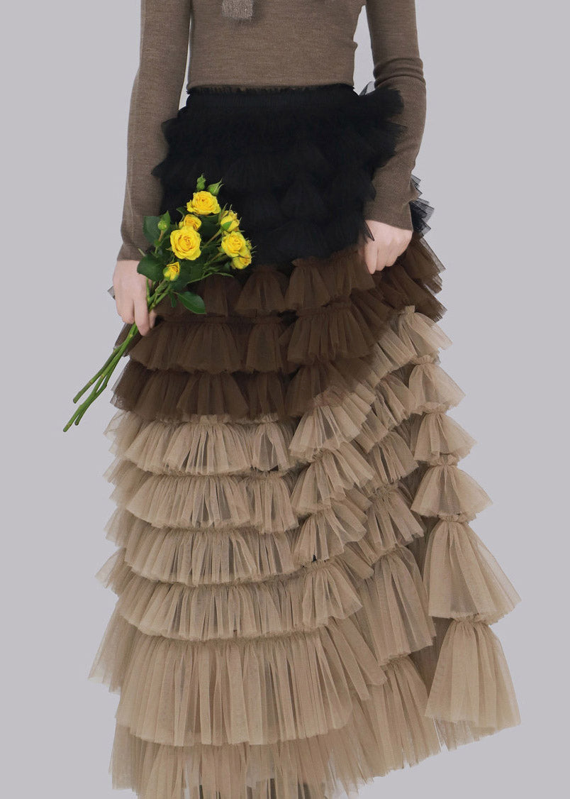 Chic Coffee Patchwork Tulle Maxi Skirt Fall