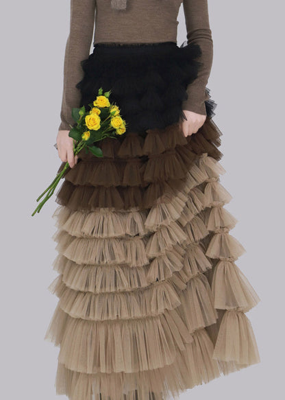 Chic Coffee Patchwork Tulle Maxi Skirt Fall
