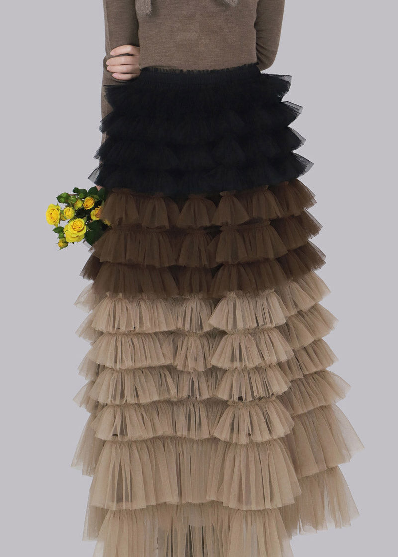 Chic Coffee Patchwork Tulle Maxi Skirt Fall