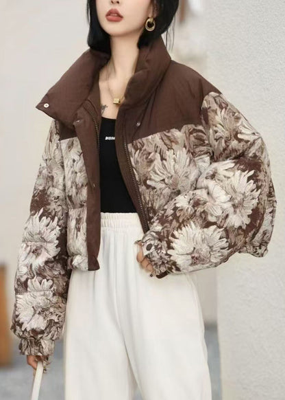 Chic Coffee Print Drawstring Duck Down Puffers Coats Winter