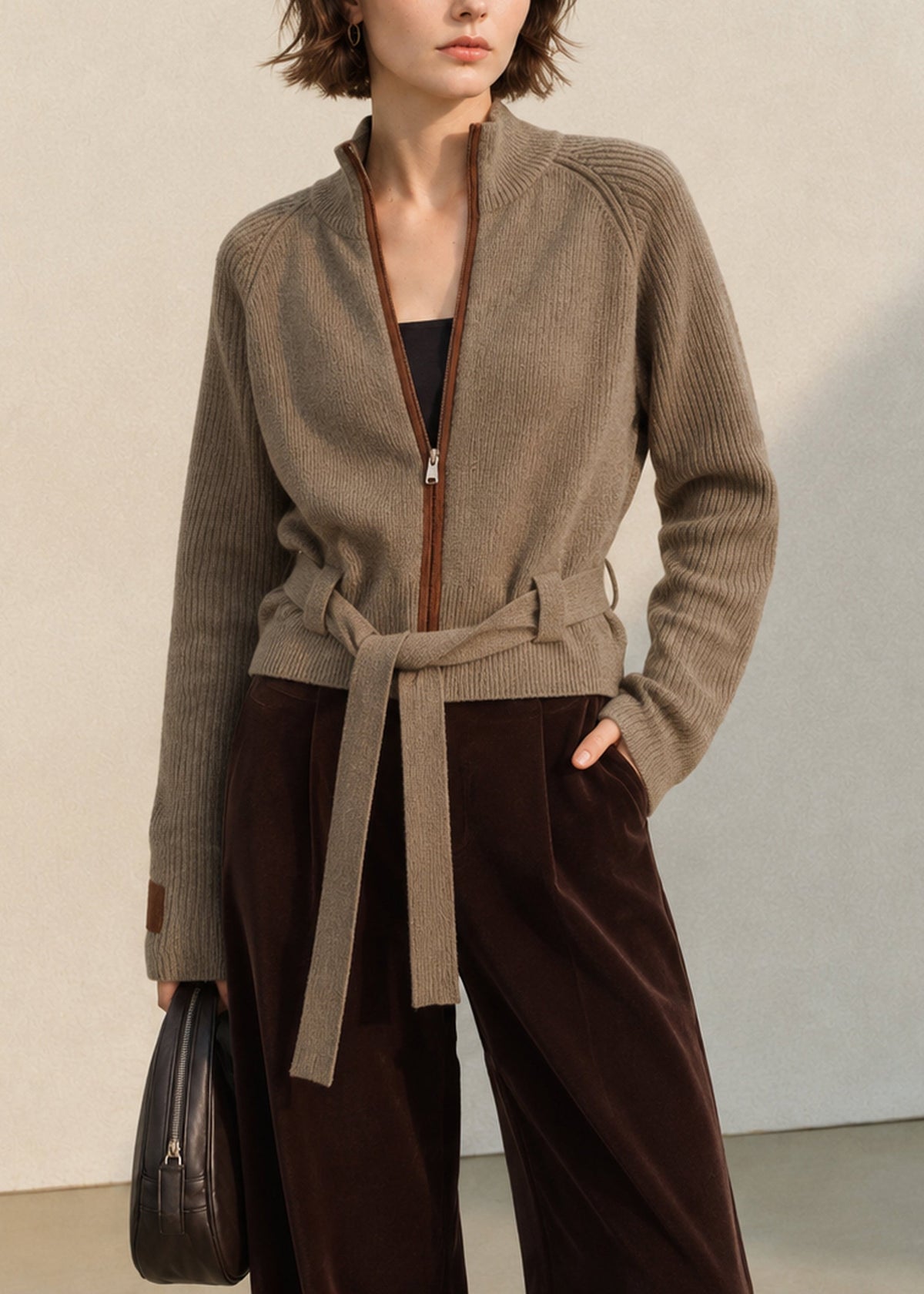 Chic Coffee Stand Collar Zip Up Lace Up Wool Knit Cardigan Fall