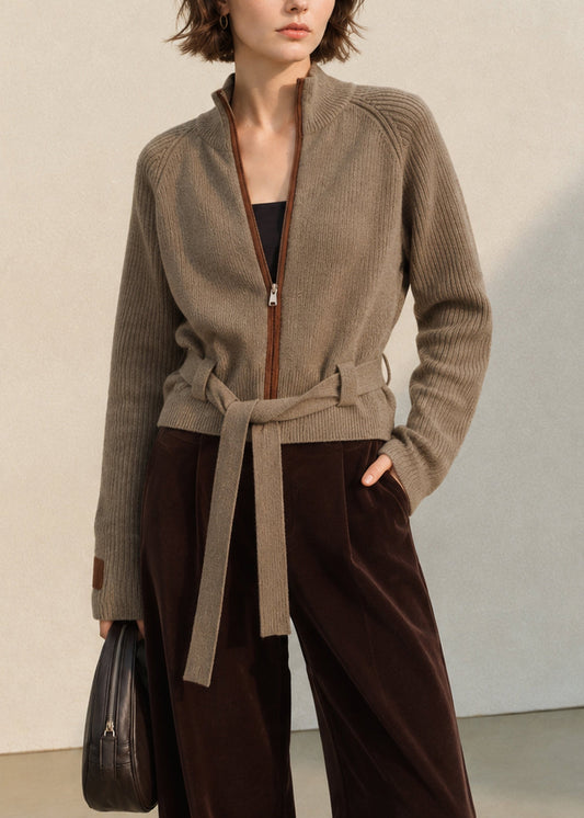 Chic Coffee Stand Collar Zip Up Lace Up Wool Knit Cardigan Fall