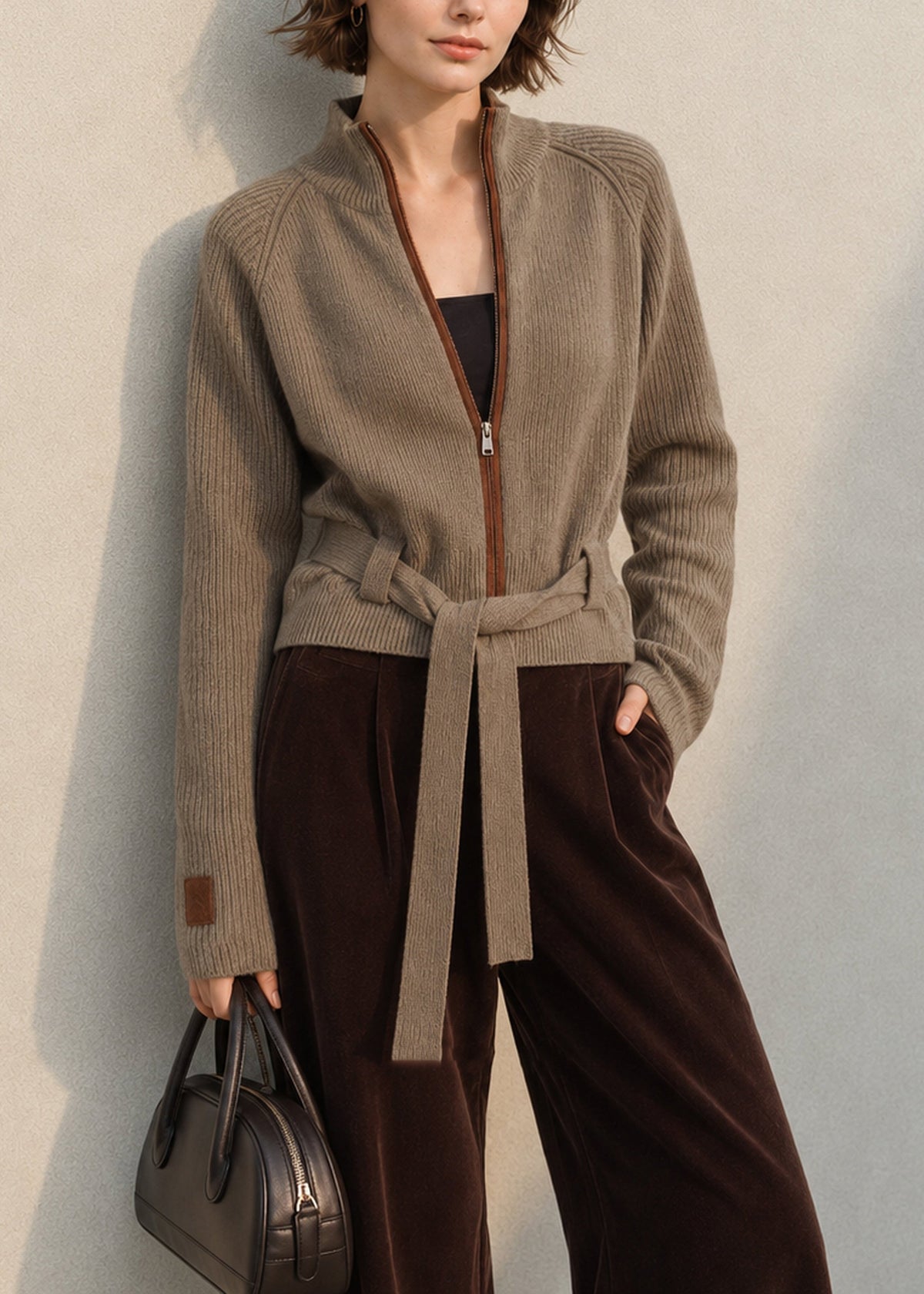 Chic Coffee Stand Collar Zip Up Lace Up Wool Knit Cardigan Fall