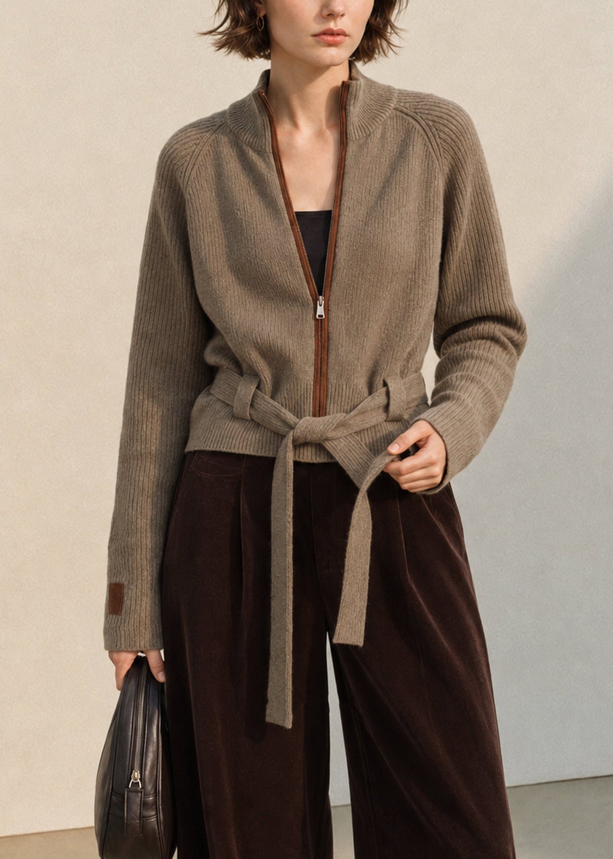 Chic Coffee Stand Collar Zip Up Lace Up Wool Knit Cardigan Fall