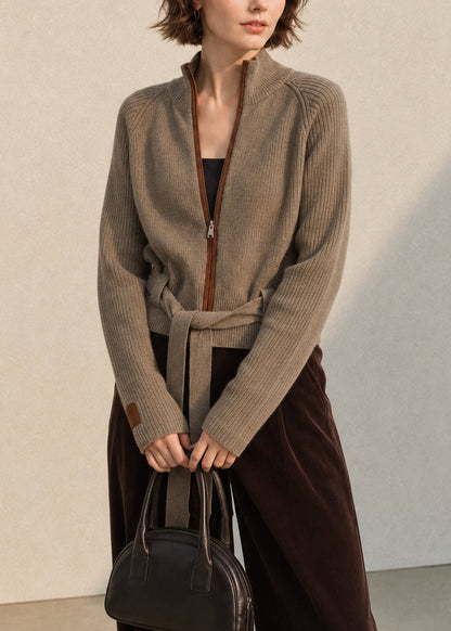 Chic Coffee Stand Collar Zip Up Lace Up Wool Knit Cardigan Fall