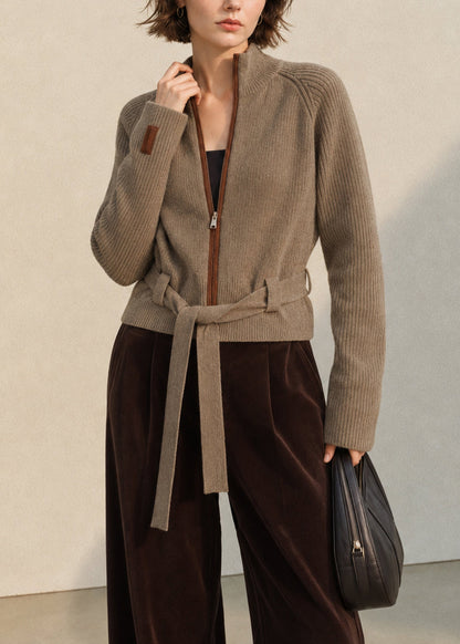 Chic Coffee Stand Collar Zip Up Lace Up Wool Knit Cardigan Fall