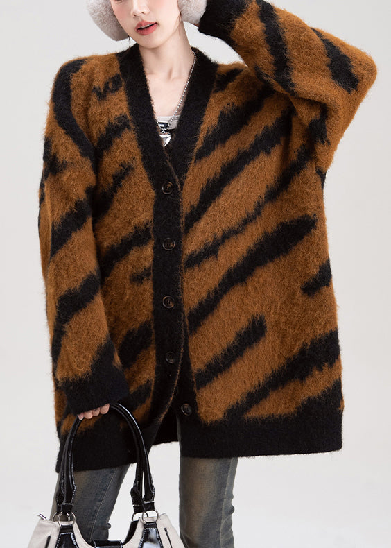 Chic Coffee V Neck Striped Button Knit Cardigans Spring