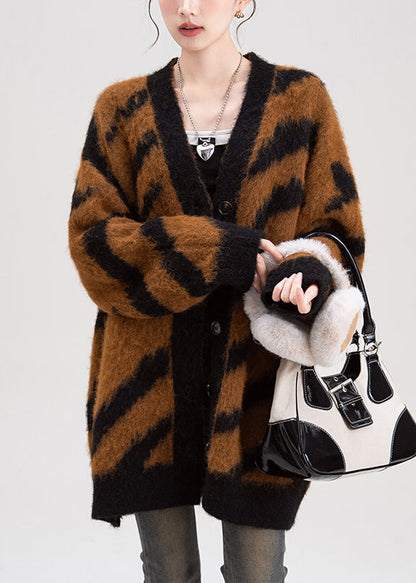 Chic Coffee V Neck Striped Button Knit Cardigans Spring