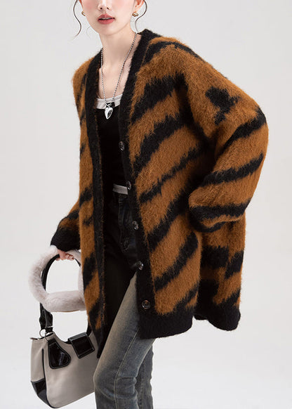 Chic Coffee V Neck Striped Button Knit Cardigans Spring