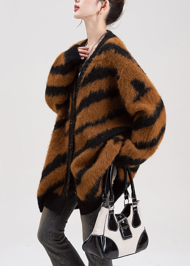 Chic Coffee V Neck Striped Button Knit Cardigans Spring