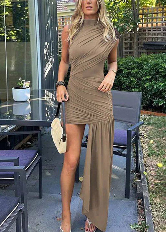 Chic Coffee Wrinkled Patchwork Maxi Dress Short Sleeve