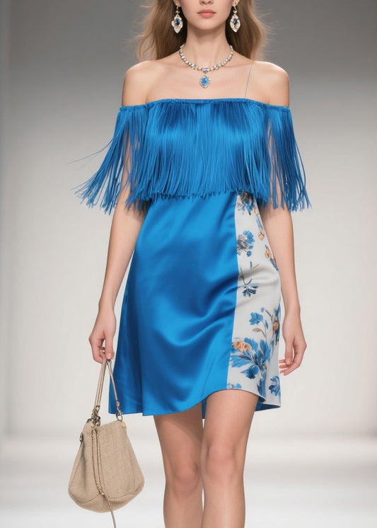 Chic Cold Shoulder Print Tassel Silk Mid Dress Summer