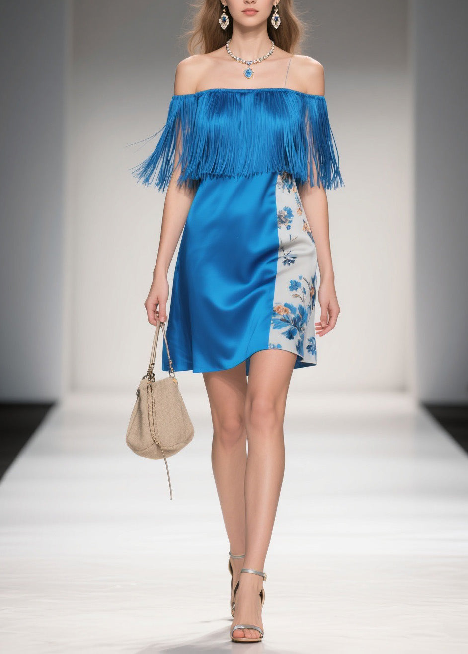 Chic Cold Shoulder Print Tassel Silk Mid Dress Summer