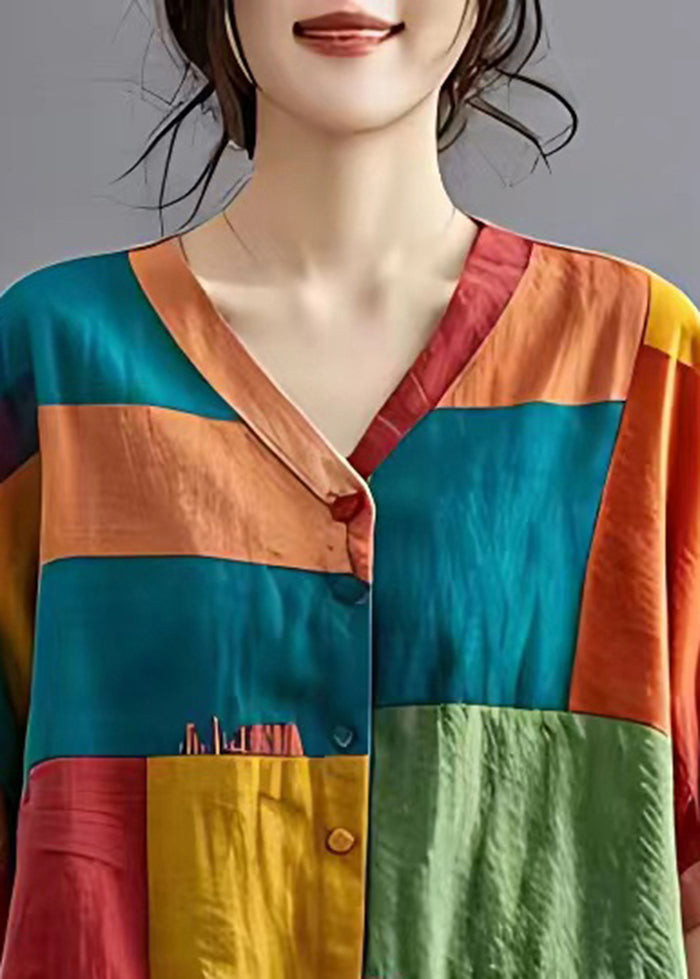 Chic Colorblock Asymmetrical Patchwork Applique Linen Shirt Top Summer