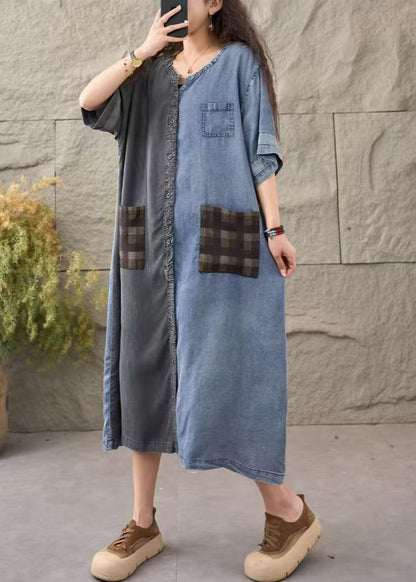 Chic Colorblock Asymmetrical Patchwork Denim Dress Summer
