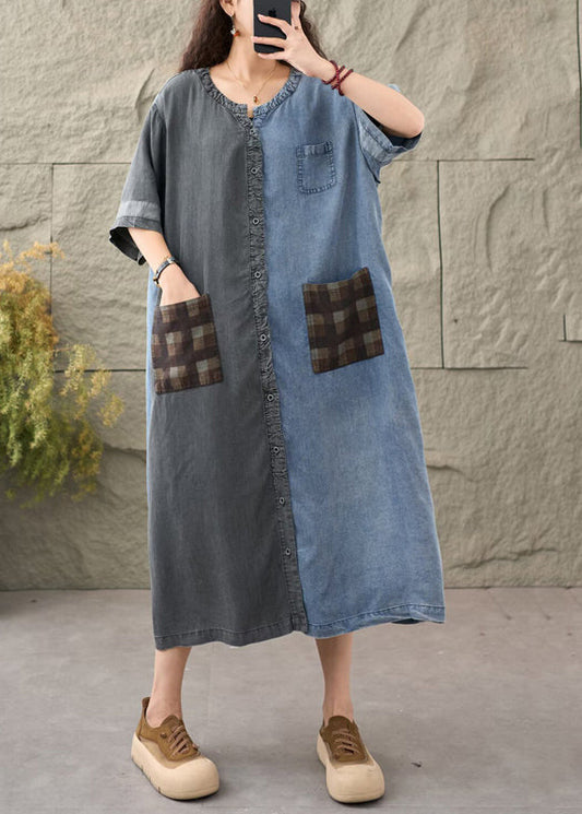 Chic Colorblock Asymmetrical Patchwork Denim Dress Summer