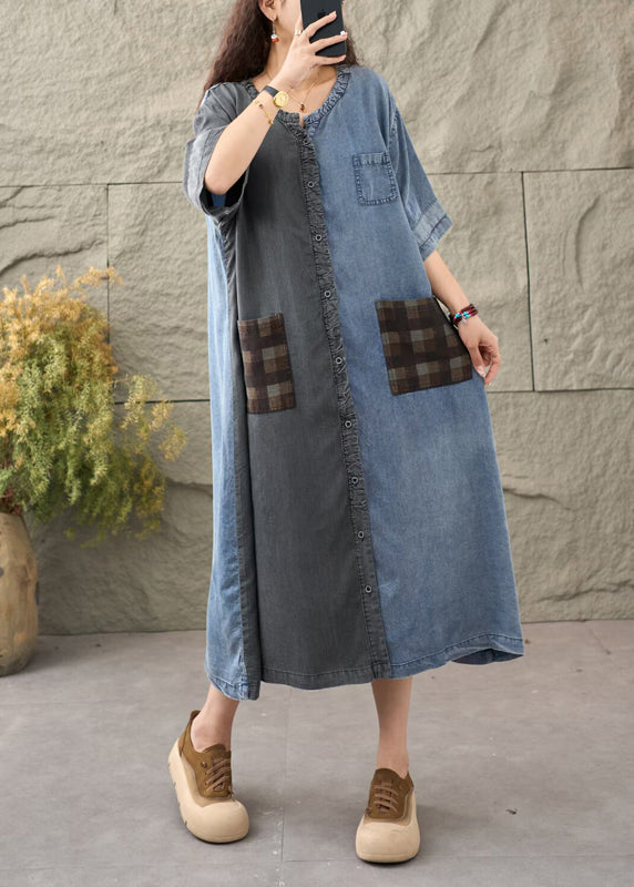 Chic Colorblock Asymmetrical Patchwork Denim Dress Summer