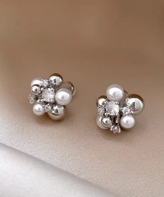 Chic Colorblock Copper Zircon Pearl Stud Earrings