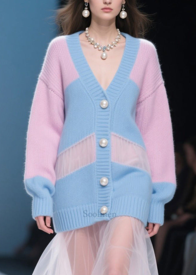 Chic Colorblock Hollow Out Patchwork Tulle Knitwear Dress Fall