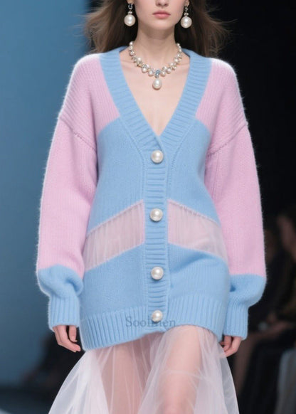 Chic Colorblock Hollow Out Patchwork Tulle Knitwear Dress Fall