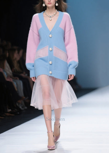 Chic Colorblock Hollow Out Patchwork Tulle Knitwear Dress Fall