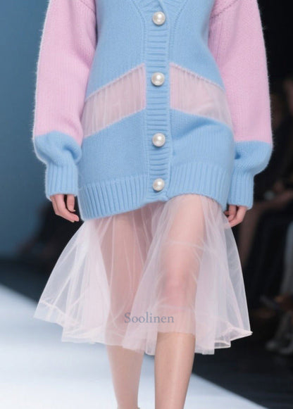 Chic Colorblock Hollow Out Patchwork Tulle Knitwear Dress Fall