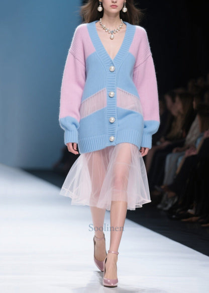 Chic Colorblock Hollow Out Patchwork Tulle Knitwear Dress Fall