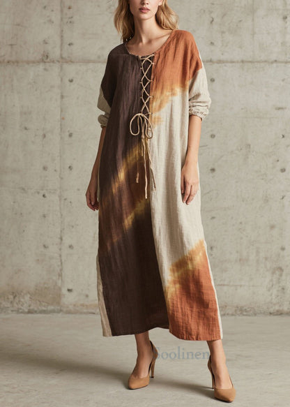 Chic Colorblock O Neck Lace Up Cotton Long Dress Fall