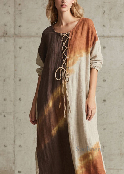 Chic Colorblock O Neck Lace Up Cotton Long Dress Fall