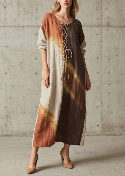 Chic Colorblock O Neck Lace Up Cotton Long Dress Fall